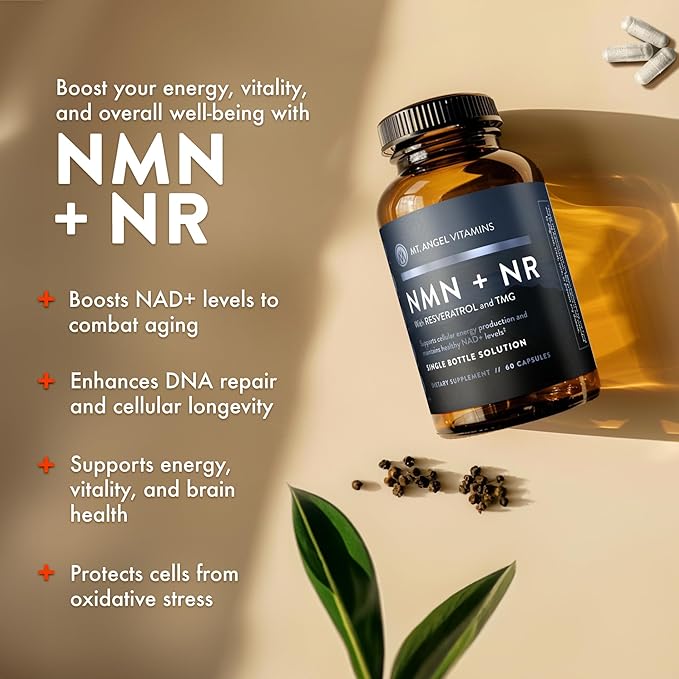 Mt. Angel Vitamins NMN Supplement + NR with Resveratrol &amp TMG Dual NAD+ Precursors for Cellular Energy &amp Healthy Aging 60 Capsules