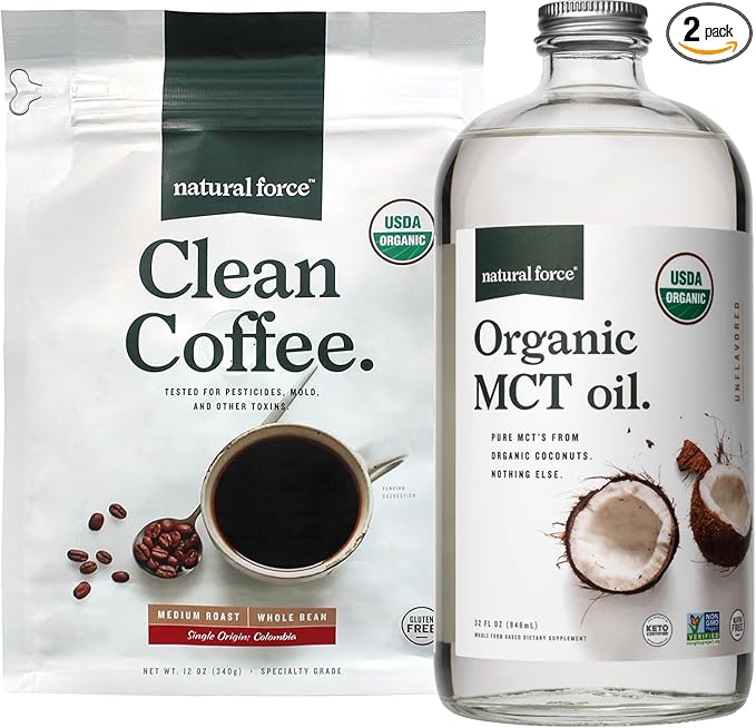 Natural Force Organic Clean Coffee + Organic MCT Oil Bundle – 100% Pure Coconut MCTs &amp Mold &amp Mycotoxin Free Coffee – Non-GMO Keto Paleo and Vegan - 12 Oz Bag and 32 Oz Glass Bottle