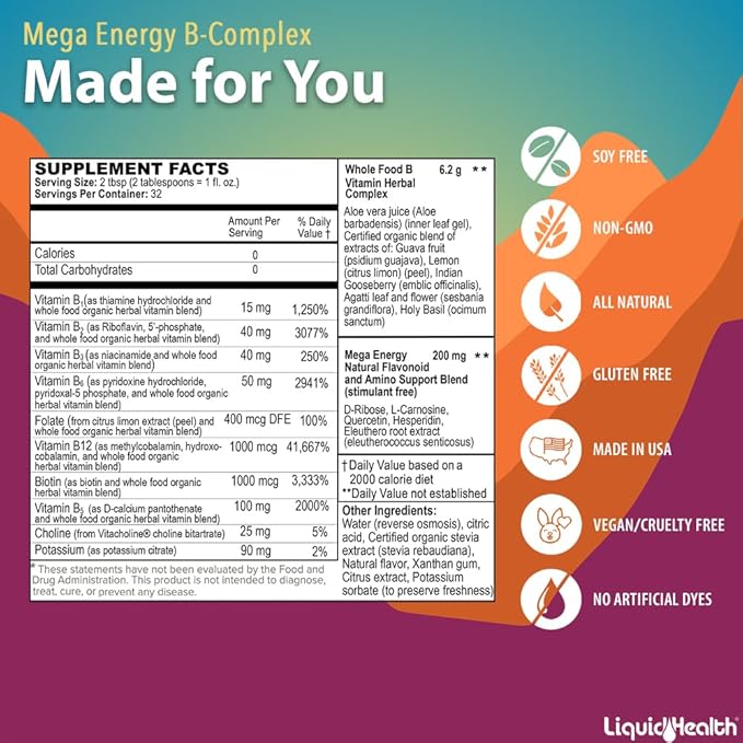 LIQUIDHEALTH Mega Energy Methylated B-Complex Adult Liquid Vitamin Supplement - Increase Energy Relieve Stress &amp Fatigue Immune Support Heart &amp Gut Health - Made in USA Vegan Sugar-Free