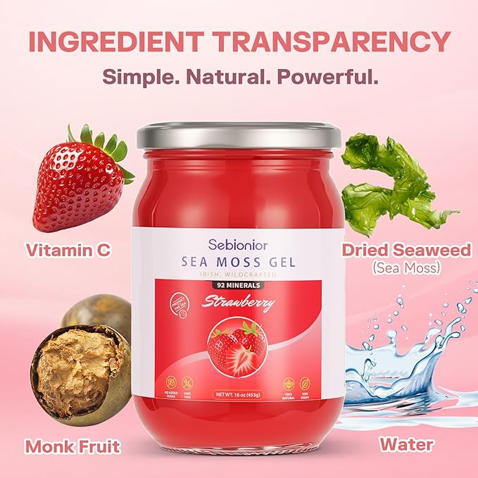 Sea Moss Gel Essential Vitamins Trace Minerals Vegan superfoods jams Jellies and Sweet sauces Gifts (Strawberry)