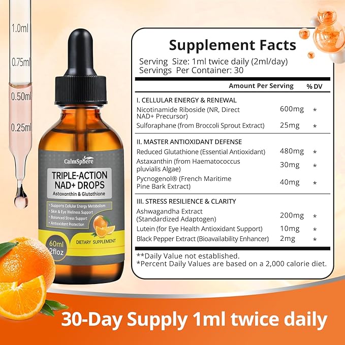Advanced NAD+ Liquid Supplement - High Absorption Drops for Cellular Energy &amp Vitality Support - Supports Cognitive Health Focus &amp Natural Healthy Aging - Vegan Non-GMO 2 Fl Oz GMP Certifi