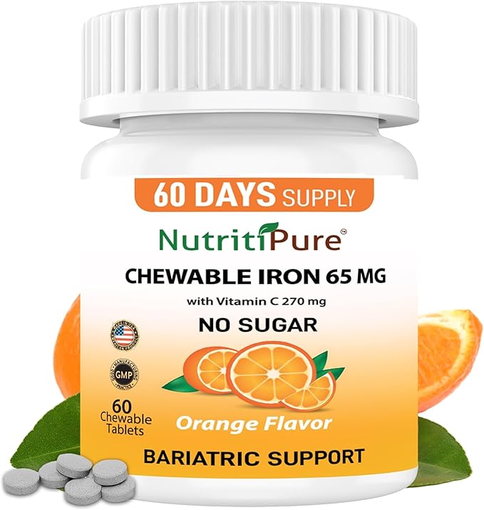 Chewable Carbonyl Iron 65mg with 270mg Vitamin C – Bariatric Friendly Tablet (Non-Gummy) Sugar-Free Orange Flavor - Iron Supplement – 60 Tablets (60 Day Supply)