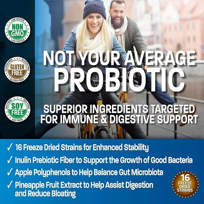 Bronson Probiotic 50 Billion CFU + Prebiotic with Apple Polyphenols &amp Pineapple Fruit Extract + Selenium 200 Mcg for Immune System Thyroid Prostate and Heart Health