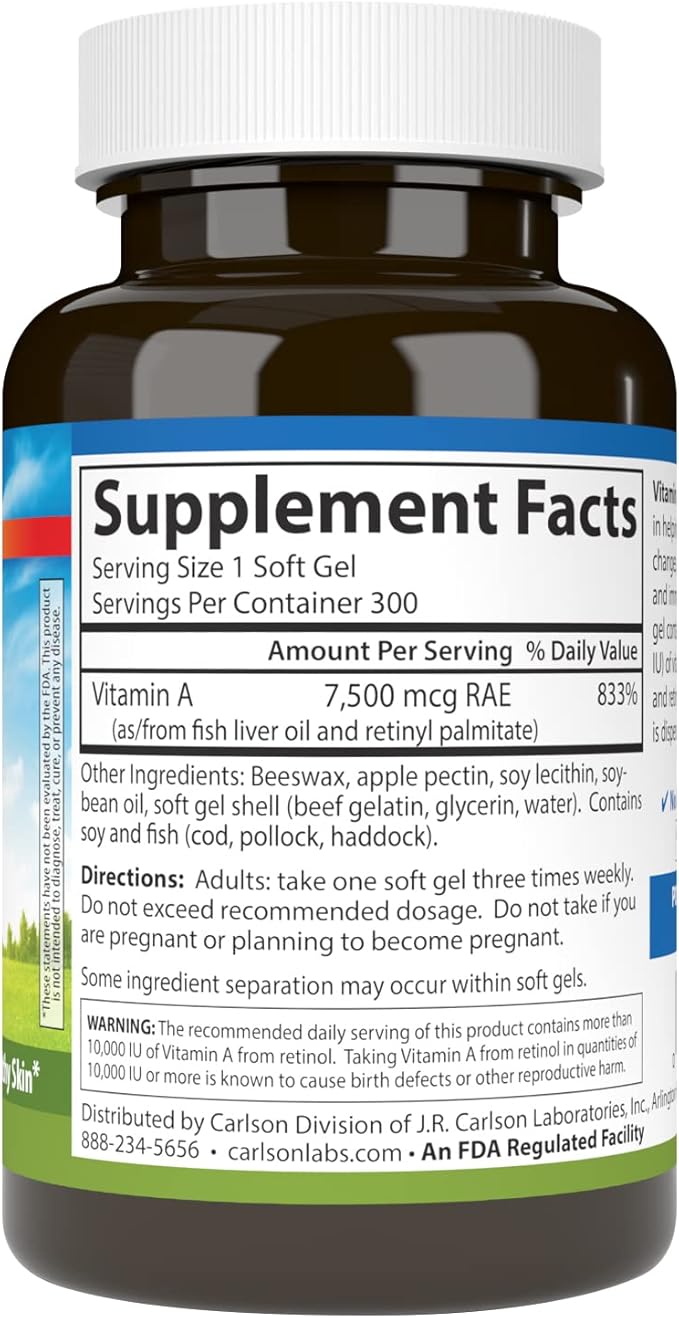 Carlson - Vitamin A 25000 IU (7500 mcg RAE) with Pectin Vision Health Helps Night Vision Skin Health 300 Softgels