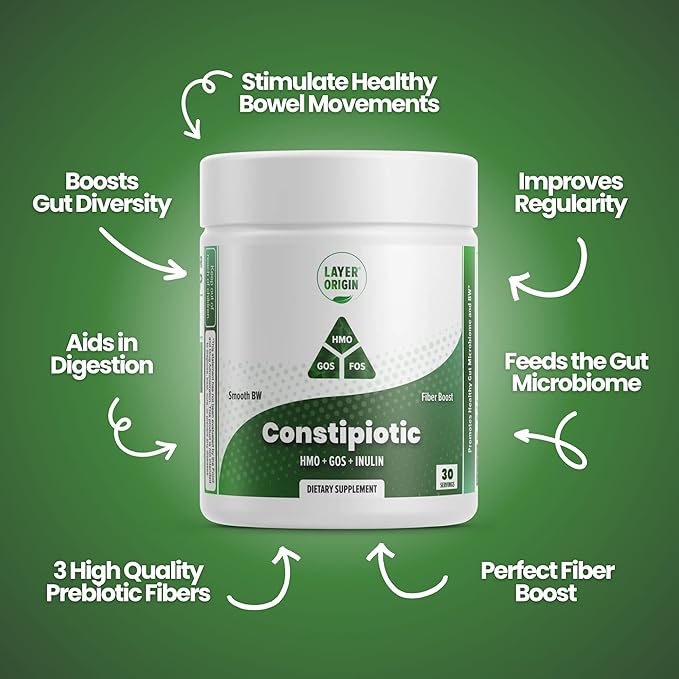 Layer Origin Constipiotic Prebiotic Fiber to Ease Bowel Movement and Support Regularity - 4.4 g Per Serving - HMO 2'FL GOS Inulin FOS - 30-Day Supply - Unflavored No Taste Dissolve Easily