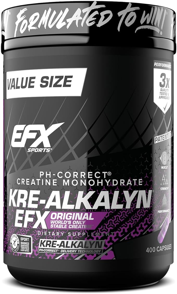 EFX Sports Kre-Alkalyn EFX | pH Correct Creatine Monohydrate Pill Supplement | Strength Muscle Growth &amp Performance | 200 Servings 400 Capsules