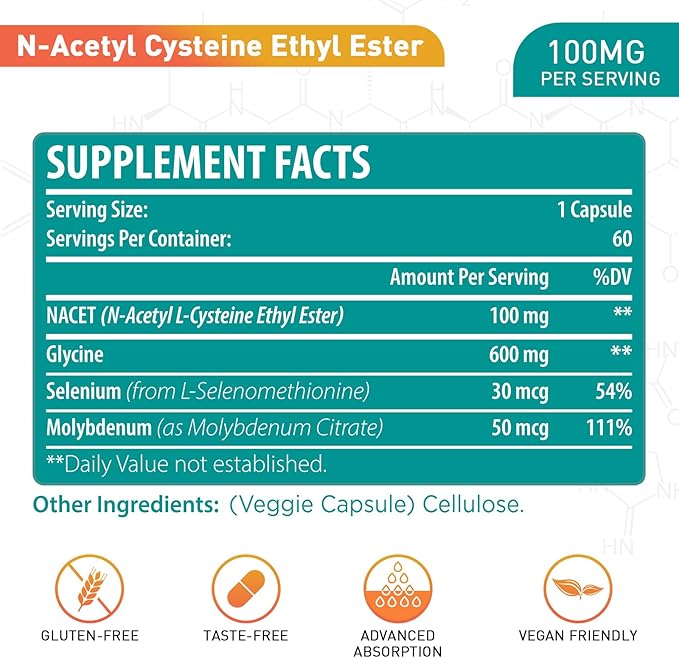 lipmaxmall N-Acetyl Cysteine Ethyl Ester 100mg-More Absorption Than 1000mg NAC-with Glycine 600mg-Benefit Glutathione-Good for Immune System &amp Antioxidant for AdultsNACET(60 Capsules-1 Pack)
