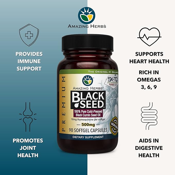 Amazing Herbs Premium Black Seed Oil Capsules - Gluten Free Non GMO Cold Pressed Nigella Sativa Aids in Digestive Health Immune Support- 90 Count (Pack of 1)