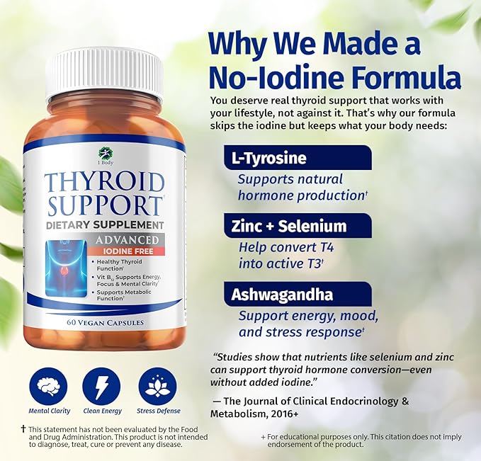 1 Body Thyroid Support Supplement for Women – Iodine Free Formula with Selenium Zinc &amp Ashwagandha – Supports Energy Metabolism &amp Hormone Balance – 60 Vegan Capsules