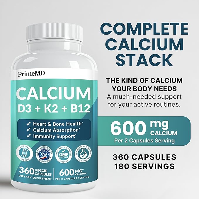 4-in-1 Calcium Supplements for Women &amp Men - Calcium Citrate with D3 K2 Vitamin 5000 IU - Calcium 600mg with Vitamin D3 K2 - Everyday Vitality Supplement - Vegan-Friendly Gluten-Free (360 Capsule