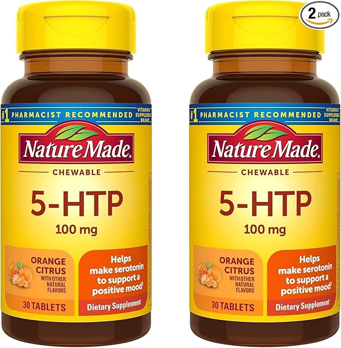 Nature Made Chewable 5HTP 100mg 5-HTP Mood Support Supplement 30 5 HTP Chewable Tablets 30 Day Supply (Pack of 2)
