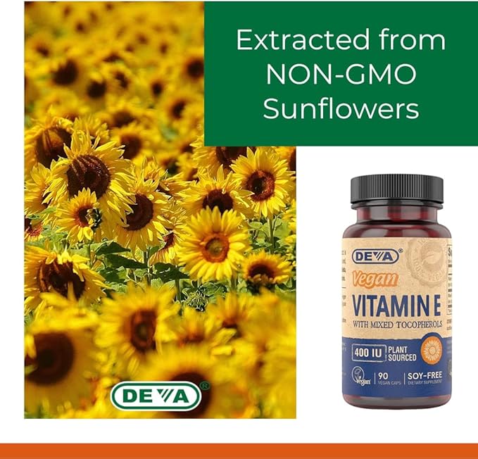 DEVA Vegan Natural Source Vitamin E 400IU with Mixed tocopherols Soy-Free – 90 Veg Caps (Pack of 2)