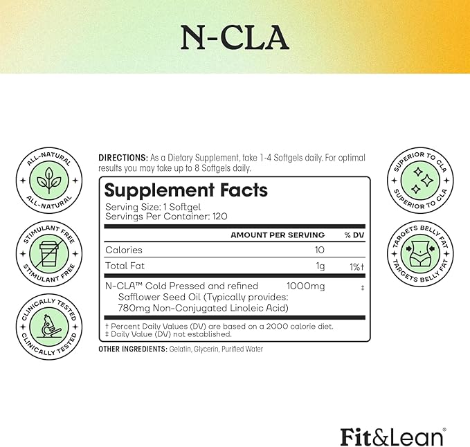 Fit &amp Lean N-CLA Weight Loss Supplement Reduces Belly Fat Better Than CLA Boost Metabolism Supports Lean Muscle Stimulant Free Non Conjugated Linoleic Acid 120 Servings (Packaging May Vary)