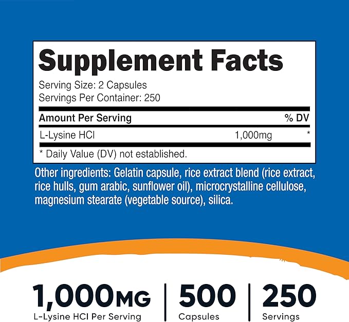 Nutricost L-Lysine 1000mg Per Serving 250 Servings 500 Capsules - Gluten Free Non-GMO 500mg Per Capsule (Pack of 2)