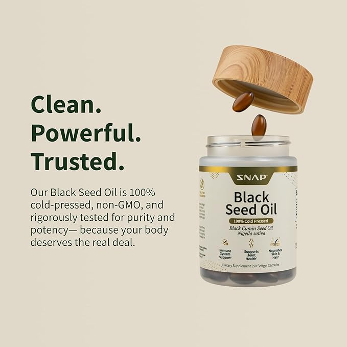 Snap Supplements Black Seed Oil Capsules – 100% Cold Pressed Organic Nigella Sativa – Supports Immune Health Detox Skin Hair Joints &amp Overall Wellness – 90 Softgels