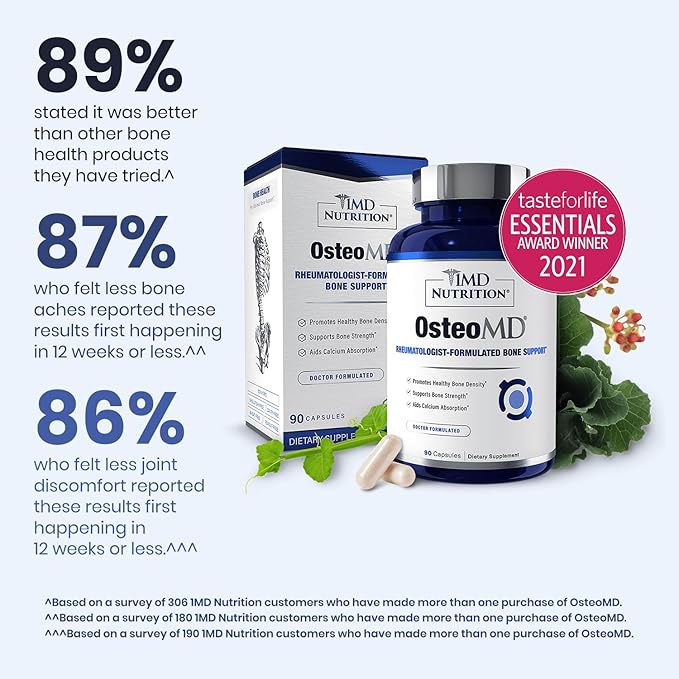 1MD Nutrition OsteoMD for Comprehensive Bone Support | with Calcium Hydroxyapatite Vitamin D3 &amp K2 | 180 Capsules (2-Pack)