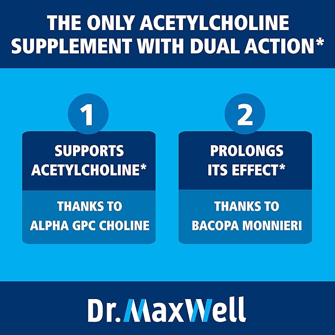 Dr. Maxwell Acetylcholine Alpha GPC Choline 600mg + Bacopa Better Than Each Alone. More Reliable Acetylcholine (Supports Memory &amp Learning) Supplement 60 Capsules