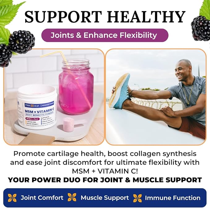 Twig &amp Leaf MSM + Vitamin C Powder – MSM Powder for Hair Growth Nails &amp Joint Support – MSM Powder Supplement - Non-GMO Gluten Free – 30 Servings - 7.9 oz