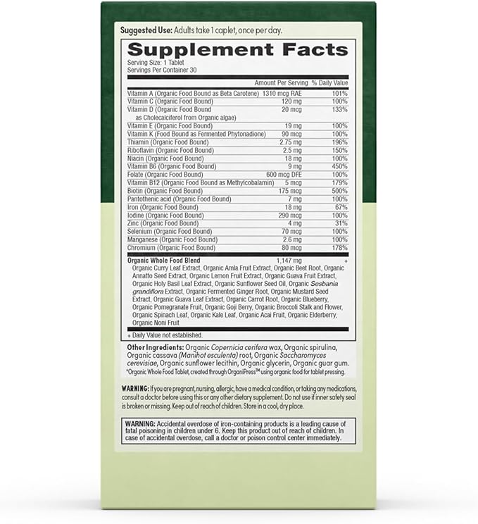 Prenatal Once Daily Multivitamin for Women for Conception Pregnancy Postpartum &amp Breastfeeding Folate Iron &amp Organic Whole Food Blend Vegan 30 Count