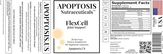 Apoptosis Flex Cell – Joint Support Supplement for Mobility Flexibility &amp Comfort – with Glucosamine Curcumin MSM &amp More – 60 Capsules – Made in USA