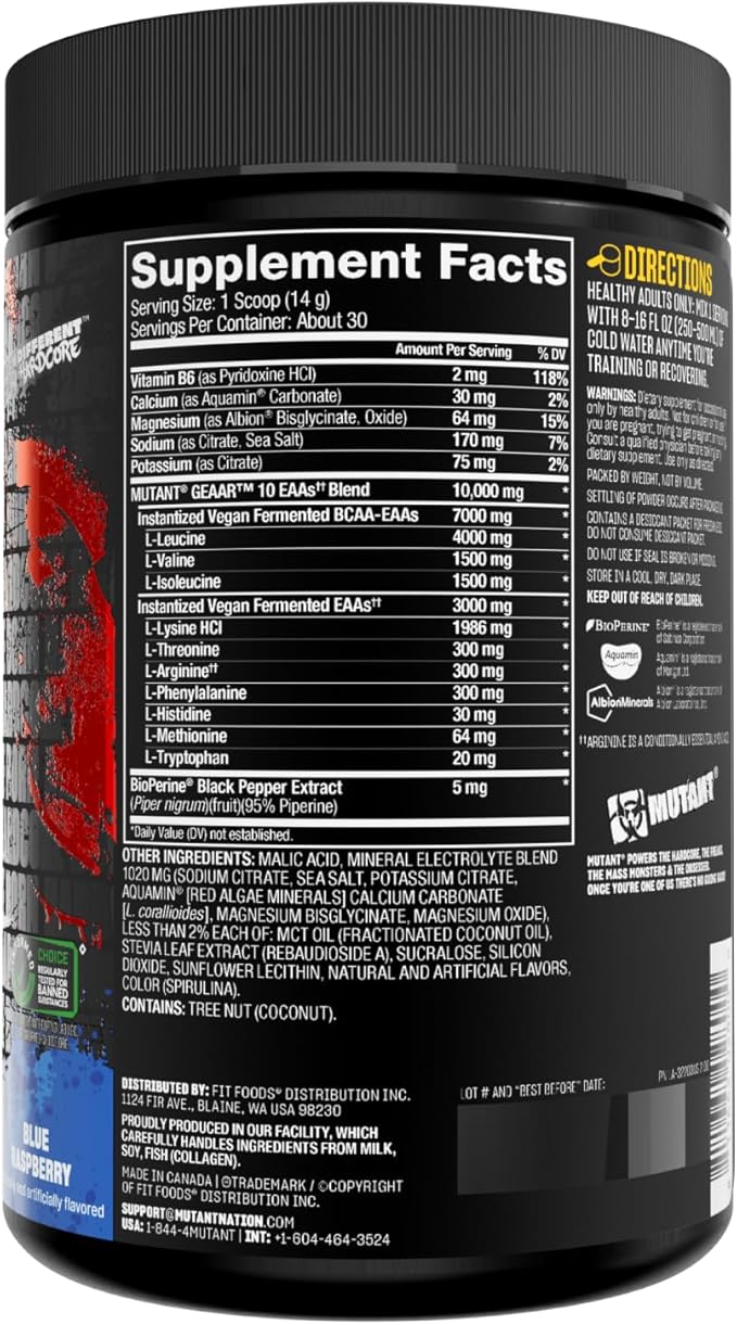 Mutant GEAAR - 9.4g of EAA Powder + Arginine 7g BCAAs 4g Leucine Electrolytes Coconut Water 30 Servings - Blue Raspberry