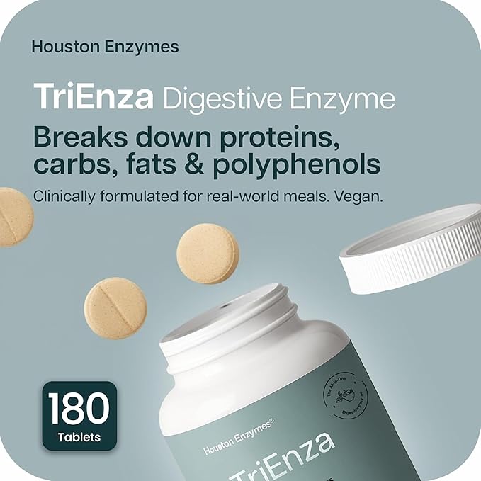 Houston Enzymes TriEnza - Digestive Enzyme Supplement for Gluten Casein Soy Proteins Carbohydrates Fats &amp Polyphenols - Digestive Enzymes for Women &amp Men (180 Chewable Tablets)