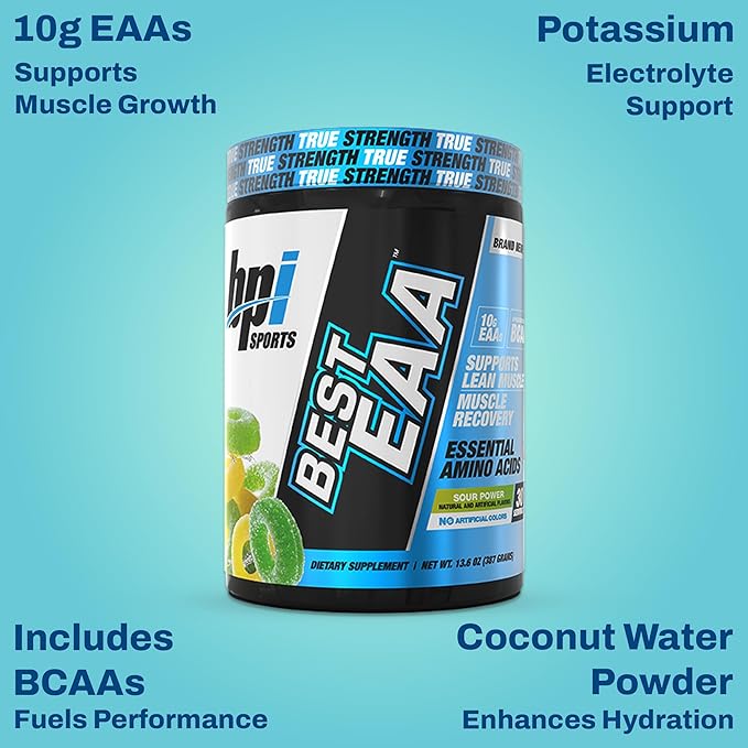BPI Sports Essential Amino Acids EAA Powder - Pre Intra &amp Post Workout Drink - BCAA Powder for Men &amp Women EAA + BCAA + Hydration. Advanced Formula with 10g of EAA. (Sour Power)