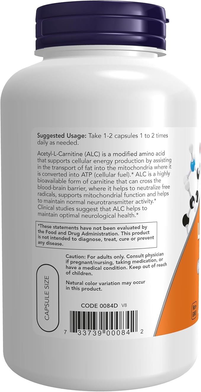 NOW Foods Supplements Acetyl-L Carnitine 500 mg Amino Acid Brain And Nerve Cell Function* 200 Veg Capsules