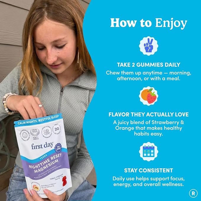 First Day Teens’ Nighttime Reset Calming Magnesium Gummies – Sleep Aid Supports Peaceful Rest Balanced Mood &amp Energy – Supplement with Magnesium Citrate Affron &amp No Melatonin – 30-Day Supply