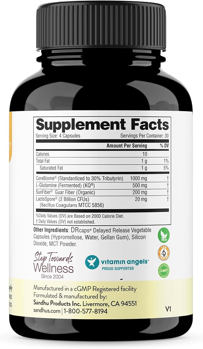 Sandhu's Gut Health - Prebiotic Probiotic Postbiotic &amp L-Glutamine | Digestive Health Colon Probiotic Total Supplements | 120 Delayed Release Capsules