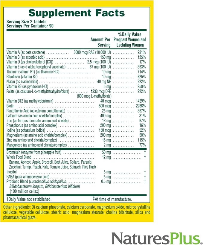NaturesPlus Source of Life Prenatal - 180 Tablets - Multivitamin &amp Mineral Supplement with Iron - Nutritional Support for Pregnancy - Gluten Free Vegetarian - 90 Servings