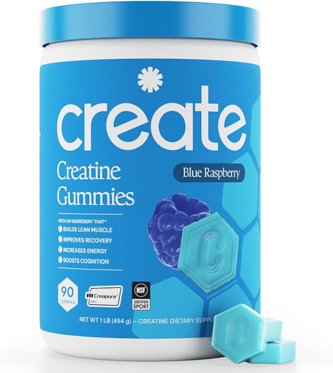 Create Creatine Monohydrate Gummies for Men &amp Women Boost Focus Strength and Endurance Anti-Melting Formula Vegan Gluten-Free Non-GMO 1.5g of Creatine per Gummy (Blue Raspberry)