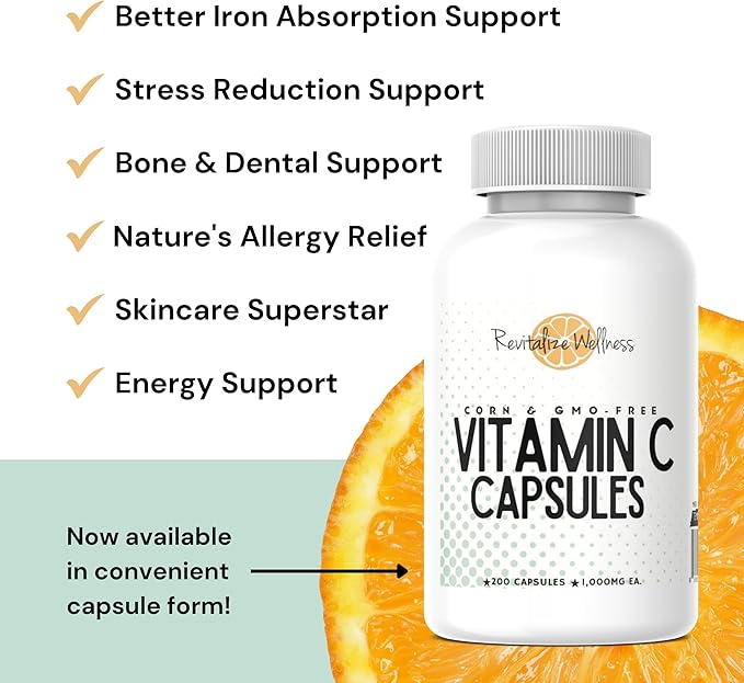 Vitamin C Capsules | Pure Corn &amp GMO-Free | 1000 mg Vitamin C Per Capsule | 200 Capsules