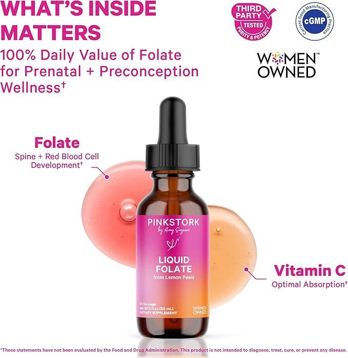 Pink Stork Liquid Folate Drops – 5-MTHF Methylfolate B9 Vitamin | Liquid Folic Acid Alternative for Women | Prenatal Folate Non-GMO Vegan Sublingual Methylfolate Supplement | 2 fl oz