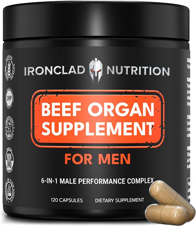 Beef Organ Supplement for Men - 100% Grass Fed Finished Bull Complex for Men's Health - Freeze Dried Non-GMO Bovine Testes Liver Thymus Heart Bone Marrow 120 Capsules