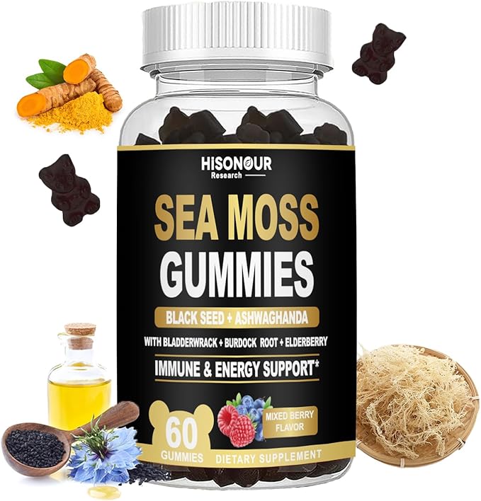 Sea Moss Gummies with Black Seed Oil Ashwagandha Ginger Irish Sea Moss for Immune &amp Energy Support Mixed Berry Flavor Vegan 60 Count