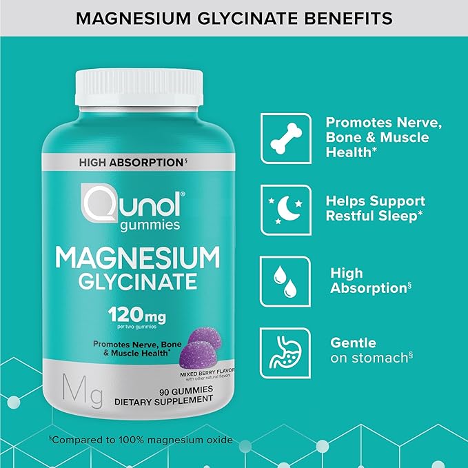 Qunol Magnesium Glycinate Gummies 120mg of Magnesium Glycinate High Absorption Mixed Berry 90 Count (Pack of 1)