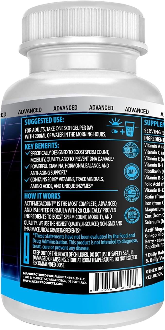 ACTIF MegaCount for Men - Maximum Fertility Support and Sperm Count Booster Clinically Proven to Improve Sperm Count and Motility - Non-GMO Made in USA 90 Count