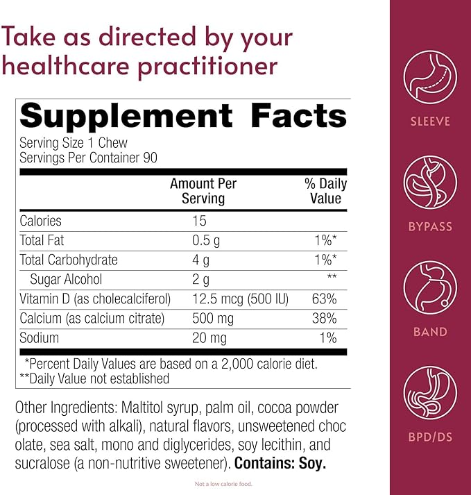 Bariatric Advantage Calcium Citrate Chewy Bites 500 mg - Highly Absorbable &amp Digestible - Vitamin D3 - Easily Chewable Calcium Supplement - Chocolate Flavor - 90 Count
