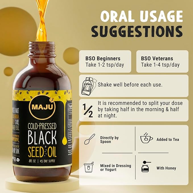 MAJU Black Seed Oil - 3 Times Thymoquinone Cold-Pressed 100% Turkish Black Cumin Seed Oil Liquid Pure Blackseed Glass Bottle 8 oz