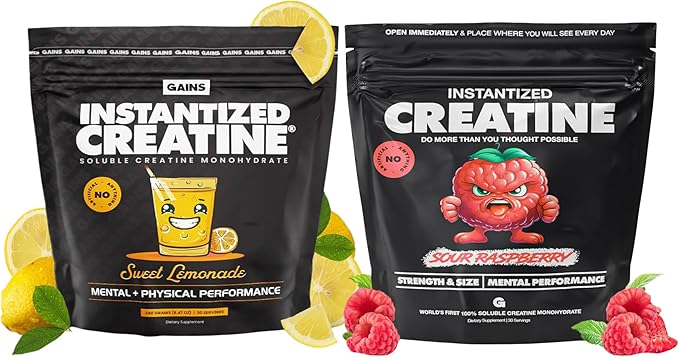 Gains in Bulk Instantized Creatine Monohydrate for Women and Men Soluble Pre Workout Powder Supports Muscle Building Strength and Performance Sweet Lemonade and Sour Raspberry 60 Servings