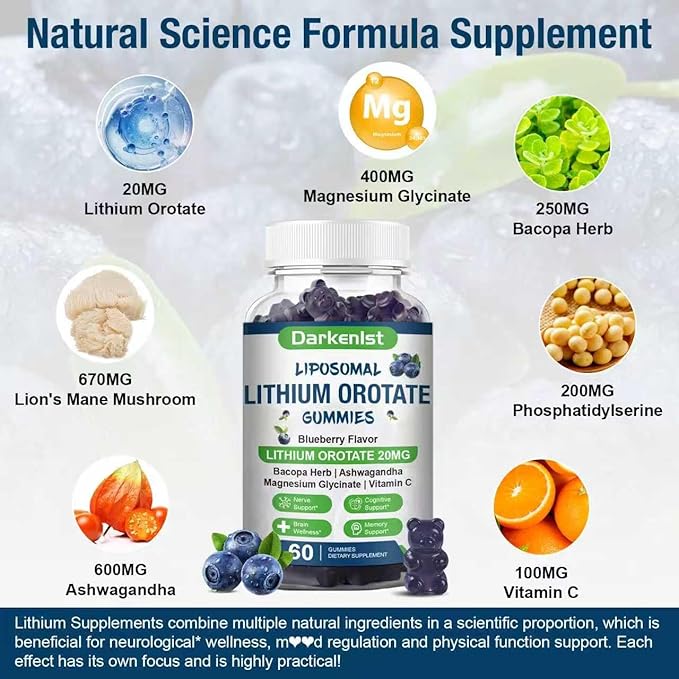 2 Pack Liposomal 20MG Lithium Orotate Gummies Complex AshwagandhaBacopa HerbLion's Mane Mushroom Magnesium GlycinateVitamin Cfor Mood &amp Immune SupportDigestive System Support