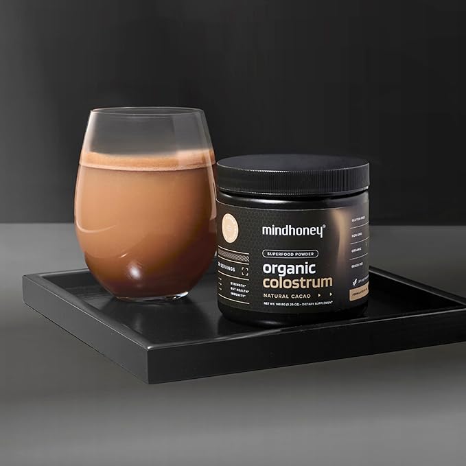 MINDHONEY Organic Colostrum | Premium Cacao Flavored Superfood Powder | Gut Health &amp Immunity Skin &amp Hair Anti-Aging Performance &amp Recovery | Grass-Fed Pasture-Raised | 30 Servings