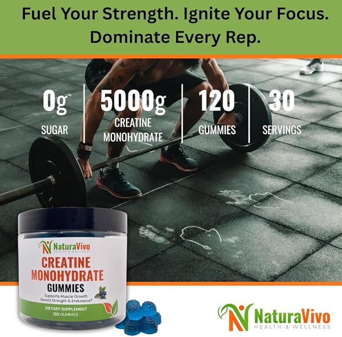Creatine Monohydrate Gummies 5000mg | Muscle Growth Strength &amp Recovery – Vegan Sugar-Free Blueberry Flavor 120 Count | Sports Nutrition for Men &amp Women | Non-GMO Gluten-Free GMP Certifi