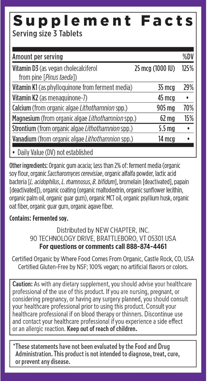 New Chapter Calcium Supplement - Bone Strength Plant-Based USDA Organic Calcium with Magnesium Vitamin D3+K2 for Bone Health &amp Joint Mobility Heart Support 905 mg dose - 270 Slim Tablets