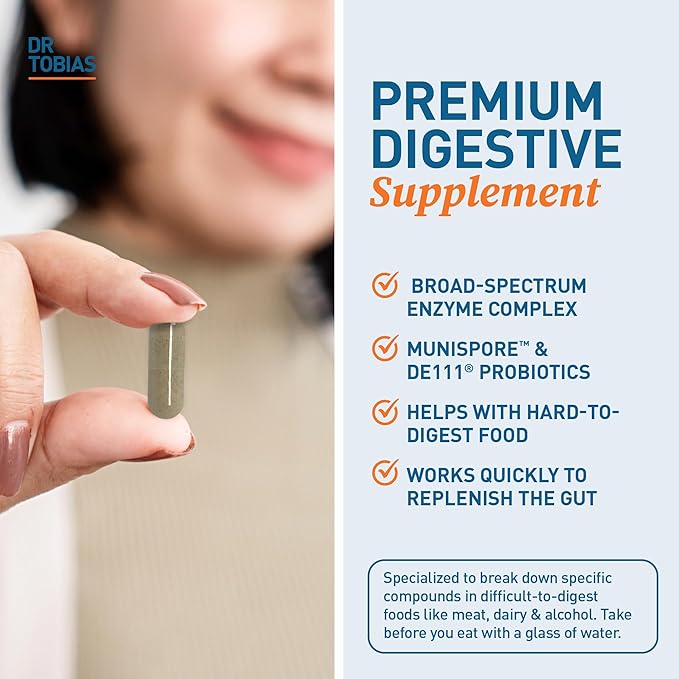 Dr. Tobias Digestive Enzymes with Probiotics Prebiotics and Postbiotics Bromelain Amylase Lipase for Better Digestion &amp Immune Function 60 Capsules 30 Servings (2 Daily)