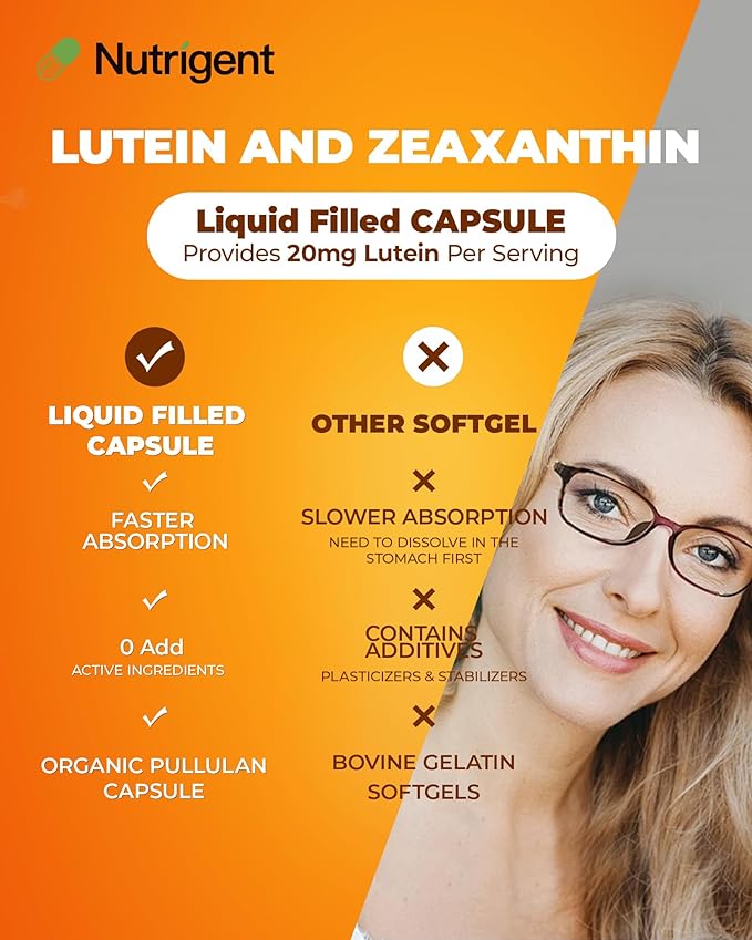 Lutein 20 mg with Zeaxanthin Liquid Filled Organic Capsules Eye Health Supplements Support Vision Health Gluten Free Soy Free (60ct)