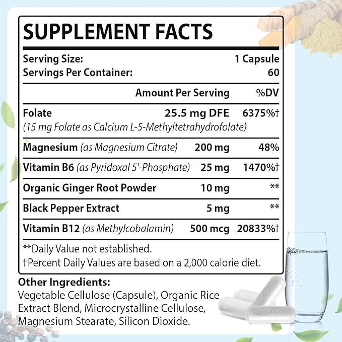 L Methylfolate 15mg (5-MTHF) - Active Folic Acid with B6 and B12 - Vegan Gluten-Free Dairy-Free (1 Pack)