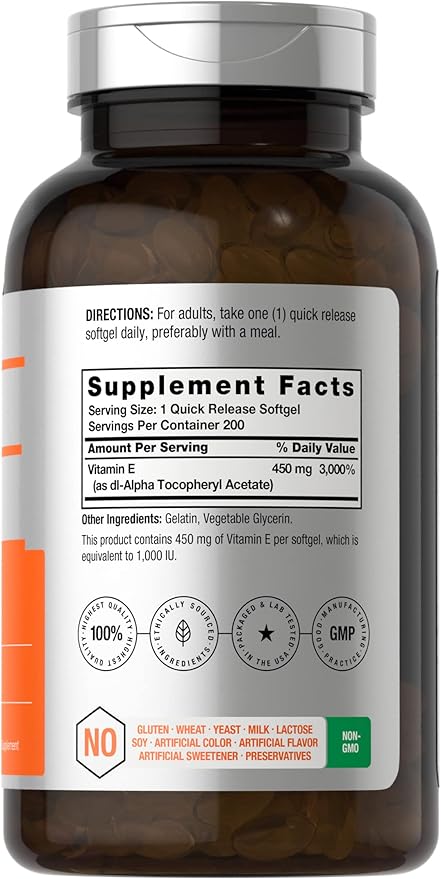 Horbäach Vitamin E 1000 IU Softgel Capsules | 200 Count | Non-GMO Gluten Free Preservative Free | Vitamin E Oil