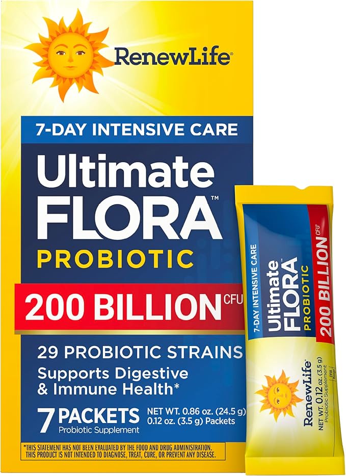 Renew Life Ultimate Flora Probiotic Powder 200 Billion CFU | 7 Packets | Digestive Health | Immune Health | Dairy Free